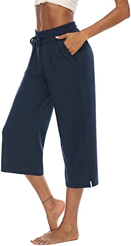 ASKSA Damen 3/4 Hose Caprihose Weites Bein Bequeme Freizeithosen Jogginghose Lose Yoga Sweathose Sommerhose mit Taschen(Navy Blau,M) von ASKSA