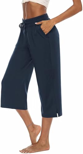 ASKSA Damen 3/4 Hose Caprihose Weites Bein Bequeme Freizeithosen Jogginghose Lose Yoga Sweathose Sommerhose mit Taschen (Navy Blau,M) von ASKSA
