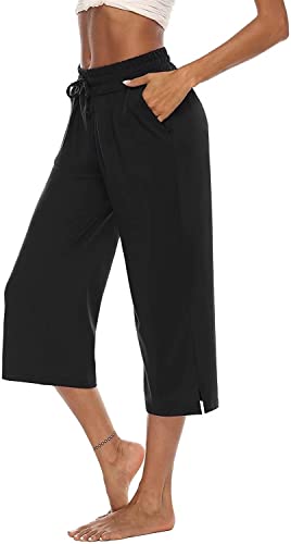 ASKSA Damen 3/4 Hose Caprihose Weites Bein Bequeme Freizeithosen Jogginghose Lose Yoga Sweathose Sommerhose mit Taschen(Schwarz,L) von ASKSA