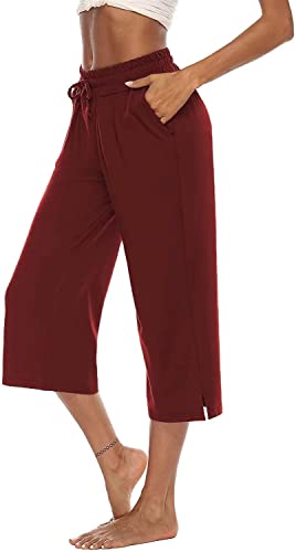 ASKSA Damen 3/4 Hose Caprihose Weites Bein Bequeme Freizeithosen Jogginghose Lose Yoga Sweathose Sommerhose mit Taschen(Weinrot,L) von ASKSA