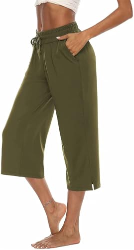 ASKSA Damen 3/4 Hose Caprihose Weites Bein Bequeme Freizeithosen Jogginghose Lose Yoga Sweathose Sommerhose mit Taschen (Grün,L) von ASKSA