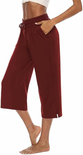 ASKSA Damen 3/4 Hose Caprihose Weites Bein Bequeme Freizeithosen Jogginghose Lose Yoga Sweathose Sommerhose mit Taschen (Weinrot,2XL) von ASKSA