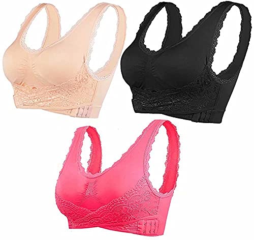 ASKSA Damen 3 Packs BH Nahtlose Spitzen Yoga Fitness Sport Push up BHS Frauen Bustier Lace Bra(Schwarz+Hautfarbe+Rot,3XL) von ASKSA