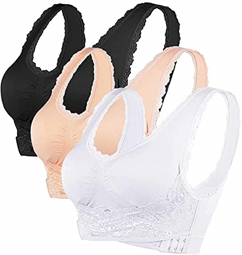 ASKSA Damen 3 Packs BH Nahtlose Spitzen Yoga Fitness Sport Push up BHS Frauen Bustier Lace Bra(Schwarz+Hautfarbe+Weiß,3XL) von ASKSA