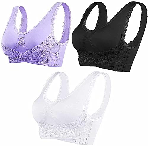 ASKSA Damen 3 Packs BH Nahtlose Spitzen Yoga Fitness Sport Push up BHS Frauen Bustier Lace Bra(Schwarz+Violett+Weiß,L) von ASKSA