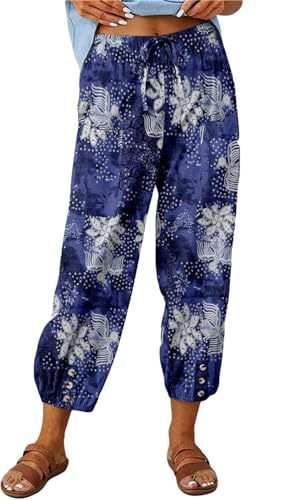 ASKSA Damen 7/8 Drucken Lange Hose Leinenhose Sommerhose Weitem Bein Freizeithose Leicht Lose Stoffhose (Blau,L) von ASKSA