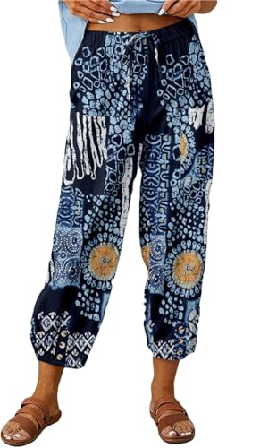 ASKSA Damen 7/8 Drucken Lange Hose Leinenhose Sommerhose Weitem Bein Freizeithose Leicht Lose Stoffhose (Dunkelblau,XXL) von ASKSA