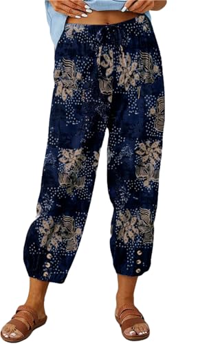 ASKSA Damen 7/8 Drucken Lange Hose Leinenhose Sommerhose Weitem Bein Freizeithose Leicht Lose Stoffhose (Navy blau,XL) von ASKSA