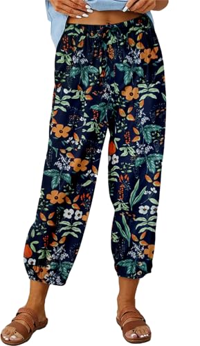 ASKSA Damen 7/8 Drucken Lange Hose Leinenhose Sommerhose Weitem Bein Freizeithose Leicht Lose Stoffhose (Orange,L) von ASKSA