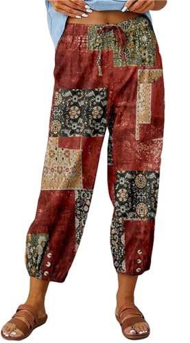 ASKSA Damen 7/8 Drucken Lange Hose Leinenhose Sommerhose Weitem Bein Freizeithose Leicht Lose Stoffhose (Rot,M) von ASKSA