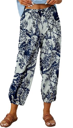 ASKSA Damen 7/8 Drucken Lange Hose Leinenhose Sommerhose Weitem Bein Freizeithose Leicht Lose Stoffhose (Schwarz,3XL) von ASKSA