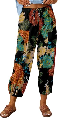 ASKSA Damen 7/8 Drucken Lange Hose Leinenhose Sommerhose Weitem Bein Freizeithose Leicht Lose Stoffhose (Schwarz,L) von ASKSA