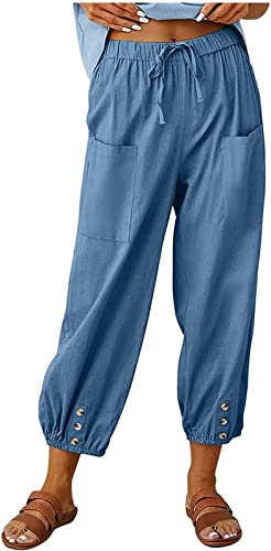 ASKSA Damen 7/8 Länge Hose Weitem Bein Freizeithose Leicht Sommerhose Lose Casual Leinenhose mit Taschen (Blau,XXL) von ASKSA