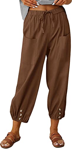ASKSA Damen 7/8 Länge Hose Weitem Bein Freizeithose Leicht Sommerhose Lose Casual Leinenhose mit Taschen (Braun,XL) von ASKSA
