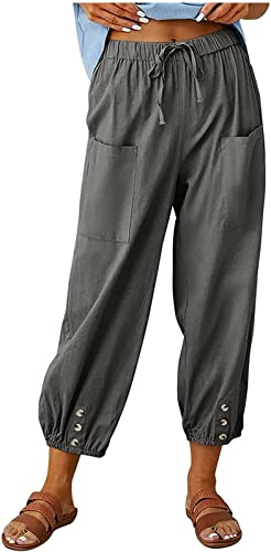 ASKSA Damen 7/8 Länge Hose Weitem Bein Freizeithose Leicht Sommerhose Lose Casual Leinenhose mit Taschen (Dunkelgrau,XL) von ASKSA