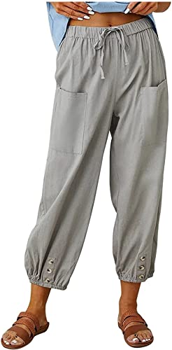 ASKSA Damen 7/8 Länge Hose Weitem Bein Freizeithose Leicht Sommerhose Lose Casual Leinenhose mit Taschen (Hellgrau,M) von ASKSA