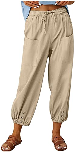 ASKSA Damen 7/8 Länge Hose Weitem Bein Freizeithose Leicht Sommerhose Lose Casual Leinenhose mit Taschen (Khaki,4XL) von ASKSA