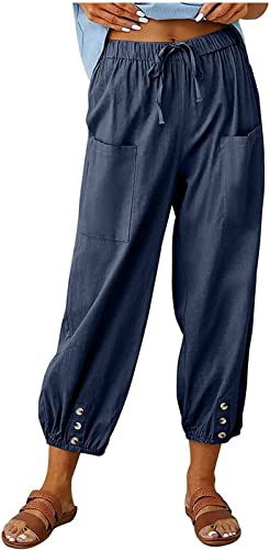 ASKSA Damen 7/8 Länge Hose Weitem Bein Freizeithose Leicht Sommerhose Lose Casual Leinenhose mit Taschen (Navy Blau,3XL) von ASKSA