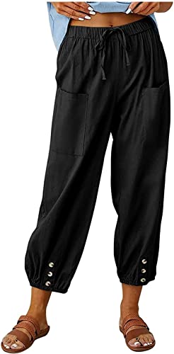 ASKSA Damen 7/8 Länge Hose Weitem Bein Freizeithose Leicht Sommerhose Lose Casual Leinenhose mit Taschen (Schwarz,3XL) von ASKSA