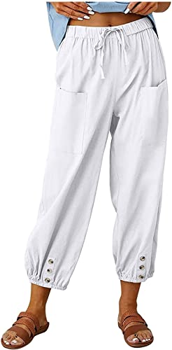 ASKSA Damen 7/8 Länge Hose Weitem Bein Freizeithose Leicht Sommerhose Lose Casual Leinenhose mit Taschen (Weiss,4XL) von ASKSA