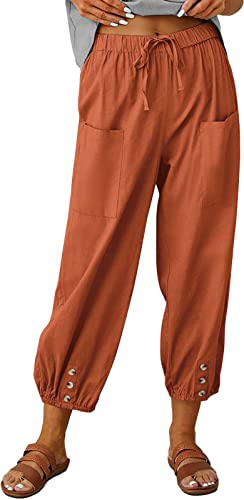 ASKSA Damen 7/8 Länge Hose Weitem Bein Freizeithose Leicht Sommerhose Lose Casual Leinenhose mit Taschen (Ziegelrot,XL) von ASKSA