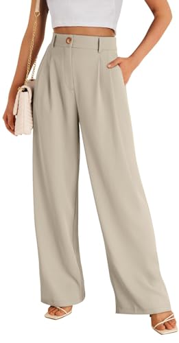 ASKSA Damen Anzughose Elegant High Waist Palazzo Hose Gummibund Lange Weite Hosen Einfarbig Freizeithose mit Taschen (Beige,M) von ASKSA