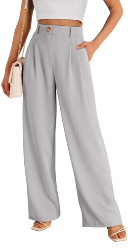 ASKSA Damen Anzughose Elegant High Waist Palazzo Hose Gummibund Lange Weite Hosen Einfarbig Freizeithose mit Taschen (Grau,S) von ASKSA