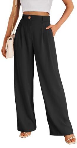 ASKSA Damen Anzughose Elegant High Waist Palazzo Hose Gummibund Lange Weite Hosen Einfarbig Freizeithose mit Taschen (Schwarz,L) von ASKSA