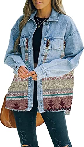 ASKSA Damen Aztec Jacke Jeansjacke Hemdjacke Revers Langarm Vintage Button Down Jacken Oversize Boyfriend Cardigan Print Shacket Bluse Mantel(Grün,XL) von ASKSA