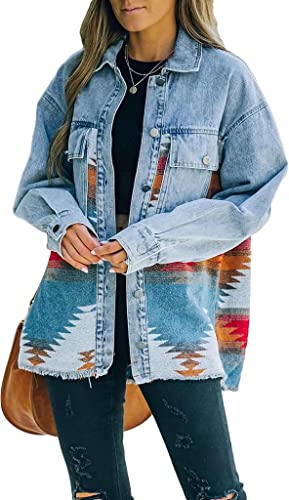 ASKSA Damen Aztec Jacke Jeansjacke Hemdjacke Revers Langarm Vintage Button Down Jacken Oversize Boyfriend Cardigan Print Shacket Bluse Mantel(Orange,M) von ASKSA