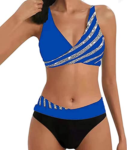 ASKSA Damen Bikini Set Push Up Zweiteiliger Streifen High Waist Badeanzug Sport Bademode (Blau,L) von ASKSA