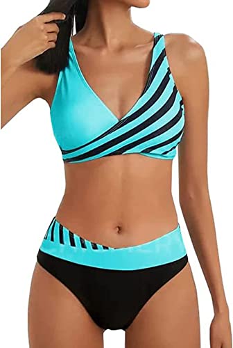 ASKSA Damen Bikini Set Push Up Zweiteiliger Streifen High Waist Badeanzug Sport Bademode (Gestreifte,M) von ASKSA