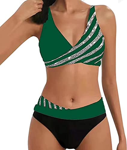 ASKSA Damen Bikini Set Push Up Zweiteiliger Streifen High Waist Badeanzug Sport Bademode (Grün,XL) von ASKSA
