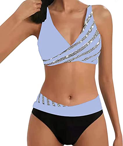 ASKSA Damen Bikini Set Push Up Zweiteiliger Streifen High Waist Badeanzug Sport Bademode (Hellblau,L) von ASKSA