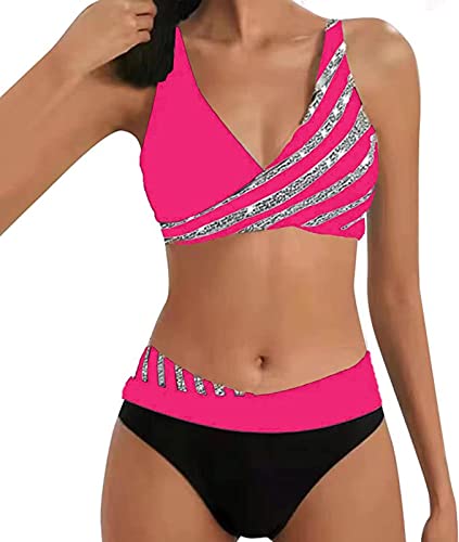 ASKSA Damen Bikini Set Push Up Zweiteiliger Streifen High Waist Badeanzug Sport Bademode (Hot Rosa,XL) von ASKSA