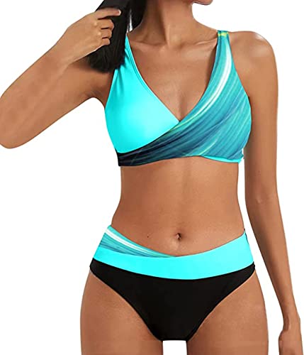 ASKSA Damen Bikini Set Push Up Zweiteiliger Streifen High Waist Badeanzug Sport Bademode (Light Blau,3XL) von ASKSA