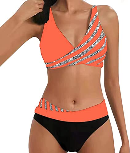 ASKSA Damen Bikini Set Push Up Zweiteiliger Streifen High Waist Badeanzug Sport Bademode (Orange,L) von ASKSA