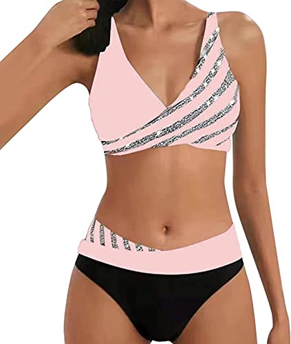 ASKSA Damen Bikini Set Push Up Zweiteiliger Streifen High Waist Badeanzug Sport Bademode (Rosa,XL) von ASKSA