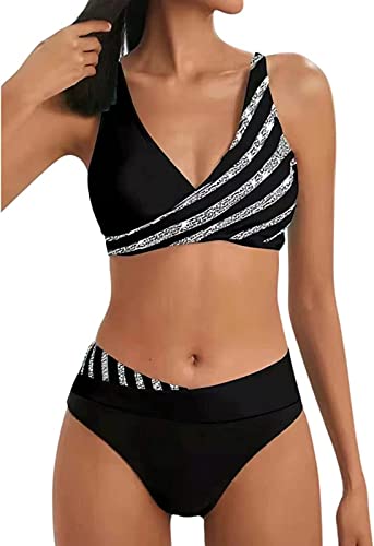 ASKSA Damen Bikini Set Push Up Zweiteiliger Streifen High Waist Badeanzug Sport Bademode (Schwarz,L) von ASKSA