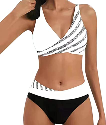 ASKSA Damen Bikini Set Push Up Zweiteiliger Streifen High Waist Badeanzug Sport Bademode (Weiß,S) von ASKSA