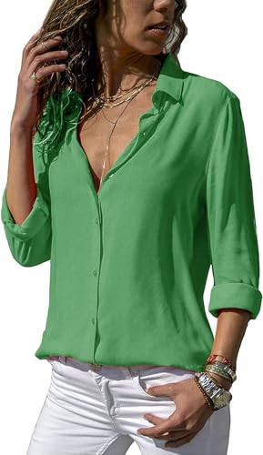 ASKSA Damen Bluse Chiffon Elegant Langarm/Kurzarm Oberteile Einfarbig V-Ausschnitt Lose Hemdbluse T-Shirt Tops (Grün,XL) von ASKSA