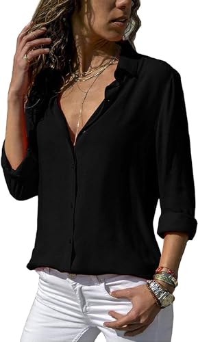 ASKSA Damen Bluse Chiffon Elegant Langarm/Kurzarm Oberteile Einfarbig V-Ausschnitt Lose Hemdbluse T-Shirt Tops (Schwarz,M) von ASKSA