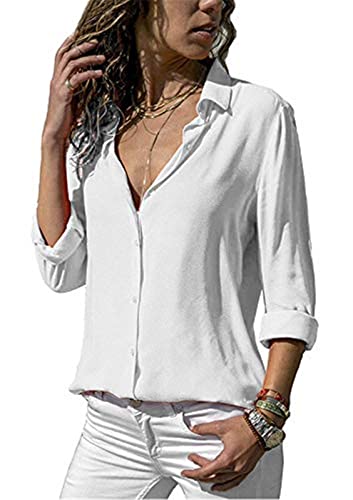 ASKSA Damen Bluse Chiffon Elegant Langarm/Kurzarm Oberteile Einfarbig V-Ausschnitt Lose Hemdbluse T-Shirt Tops (Weiß,S) von ASKSA