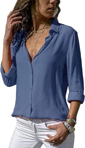 ASKSA Damen Bluse Chiffon Elegant Langarm/Kurzarm Oberteile Einfarbig V-Ausschnitt Lose Hemdbluse T-Shirt Tops (Blau,XL) von ASKSA