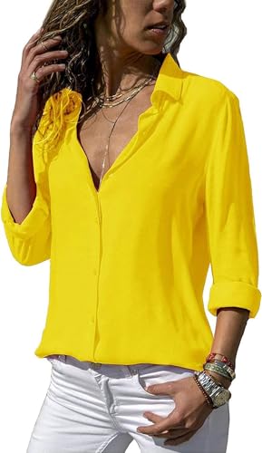 ASKSA Damen Bluse Chiffon Elegant Langarm/Kurzarm Oberteile Einfarbig V-Ausschnitt Lose Hemdbluse T-Shirt Tops (Gelb,L) von ASKSA