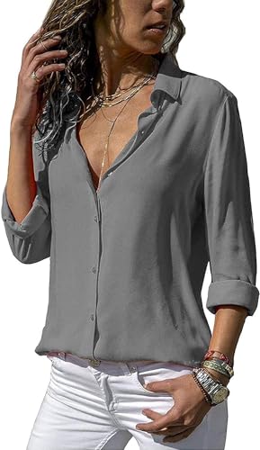 ASKSA Damen Bluse Chiffon Elegant Langarm/Kurzarm Oberteile Einfarbig V-Ausschnitt Lose Hemdbluse T-Shirt Tops (Grau,XL) von ASKSA