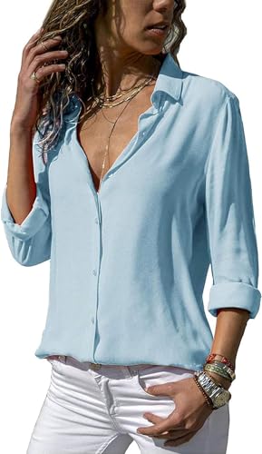 ASKSA Damen Bluse Chiffon Elegant Langarm/Kurzarm Oberteile Einfarbig V-Ausschnitt Lose Hemdbluse T-Shirt Tops (Hellblau,M) von ASKSA