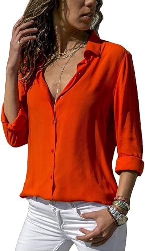 ASKSA Damen Bluse Chiffon Elegant Langarm/Kurzarm Oberteile Einfarbig V-Ausschnitt Lose Hemdbluse T-Shirt Tops (Orange,S) von ASKSA