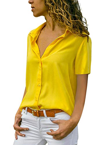 ASKSA Damen Bluse Chiffon Elegant Langarm Oberteile Einfarbig V-Ausschnitt Lose Hemdbluse T-Shirt Tops (Z-Gelb, M) von ASKSA