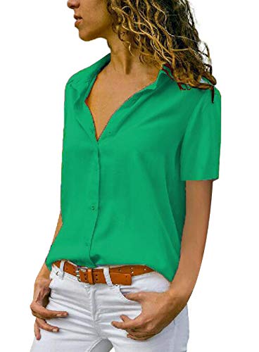 ASKSA Damen Bluse Chiffon Elegant Langarm Oberteile Einfarbig V-Ausschnitt Lose Hemdbluse T-Shirt Tops (Z-Grün, M) von ASKSA